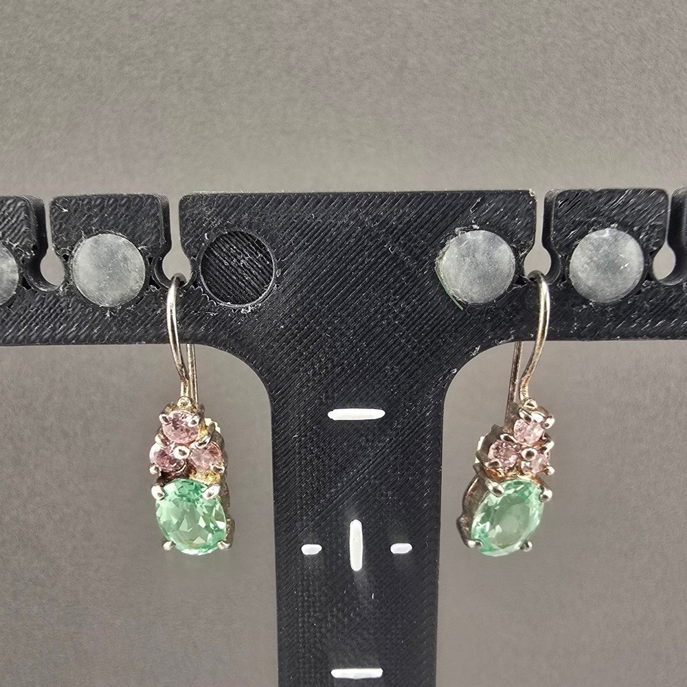 Vintage Estate Dangle Earrings Green Pink Sterling Silver 925 0.75in